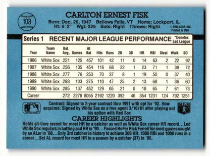 1991 Donruss #108 Carlton Fisk Chicago White Sox Baseball Cards EX/N ID:57663 - Baseball Cards