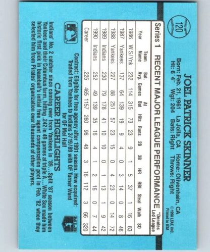 Light blue performance record card featuring Joel Skinner Cleveland Indians Baseball Card