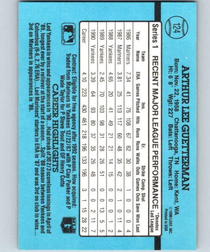 Light blue baseball card featuring Lee Guetterman statistics for New York Yankees
