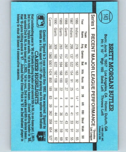 Blue baseball card statistics grid for Brett Butler of the San Francisco Giants