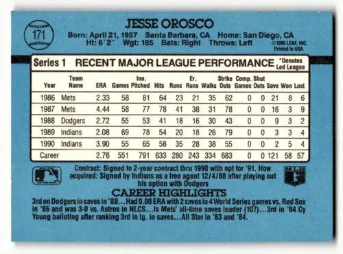 1991 Donruss #171 Jesse Orosco Cleveland Indians Baseball Cards EX/N ID:57672 - Baseball Cards