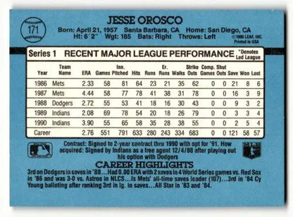 1991 Donruss #171 Jesse Orosco Cleveland Indians Baseball Cards EX/N ID:57672 - Baseball Cards