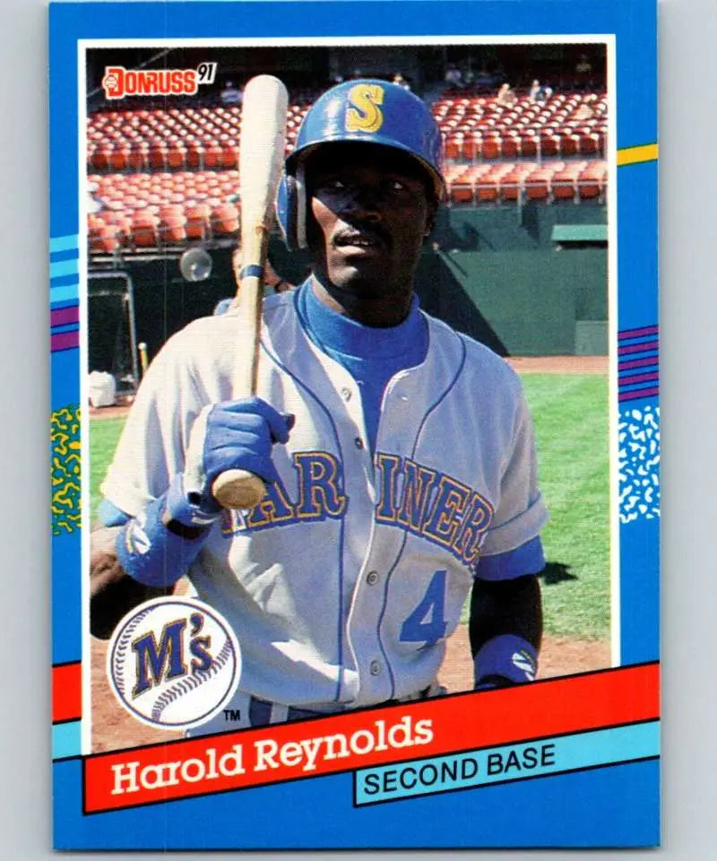 Baseball card of Harold Reynolds in Seattle Mariners uniform holding a bat