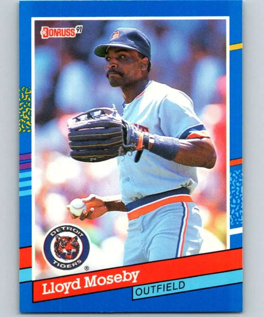 Baseball card of Lloyd Moseby, Detroit Tigers outfielder in white and blue uniform