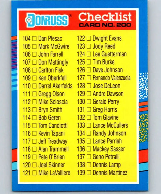 Baseball card checklist from the 1988 Donruss set, highlighting player names 104-138