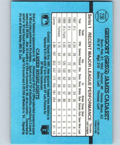 Light blue baseball card statistics grid for Greg Cadaret New York Yankees performance data