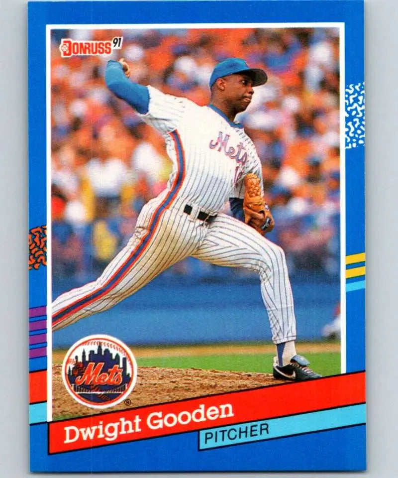 1991 Donruss Dwight Gooden pitching in pinstriped New York Mets baseball uniform