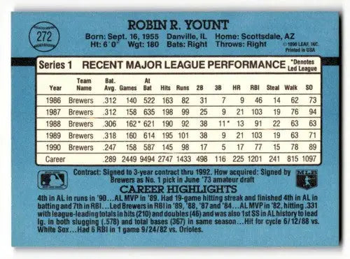 1991 Donruss #272 Robin Yount Milwaukee Brewers Baseball Cards EX/NM ID:57717 - Baseball Cards