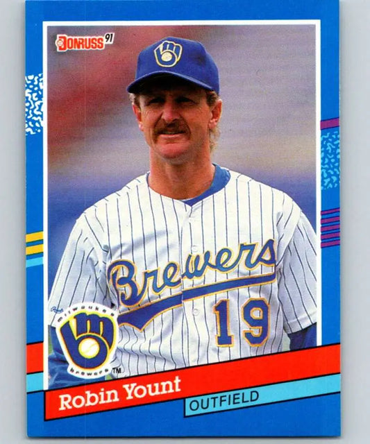 1991 Donruss baseball card of Robin Yount, Milwaukee Brewers outfielder in pinstripes