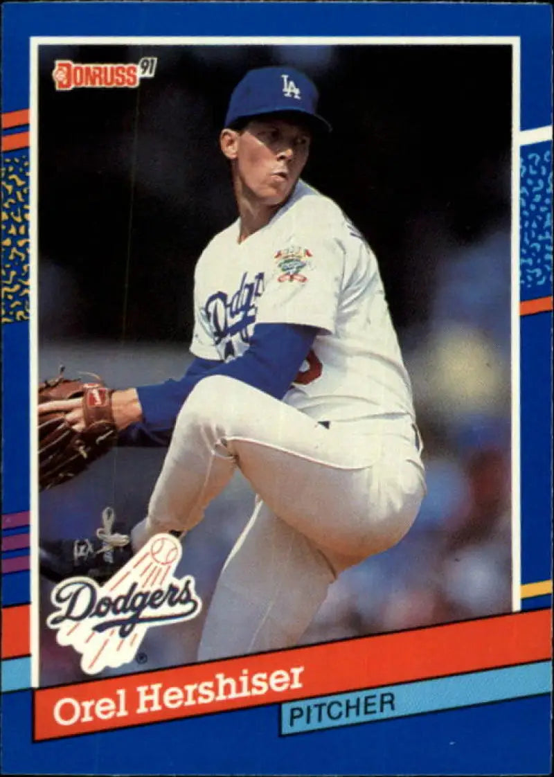 Orel Hershiser in windup on 1991 Donruss Dodgers baseball card, NM-MT condition