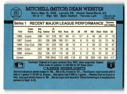 1991 Donruss #283 Mitch Webster Cleveland Indians Baseball Cards EX/ ID:57671 - Baseball Cards