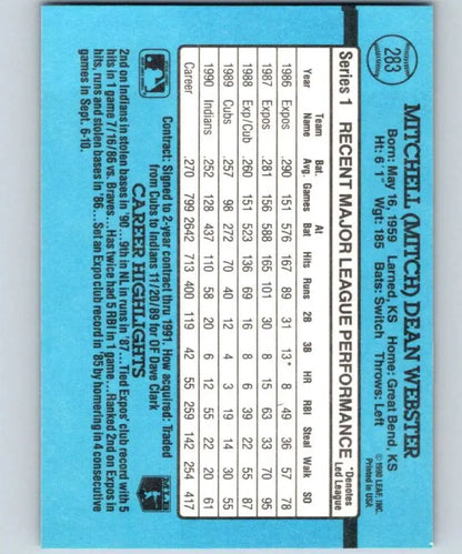 1991 Donruss #283 Mitch Webster Baseball Card with player stats for Cleveland Indians