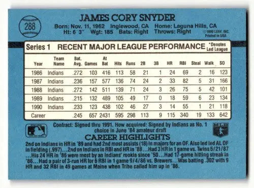 1991 Donruss #288 Cory Snyder Cleveland Indians Baseball Cards EX/NM ID:57690 - Baseball Cards