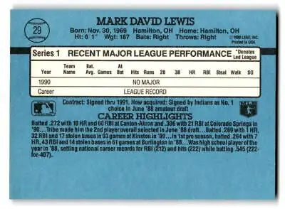 Back of the 1991 Donruss 29b Mark Lewis baseball card showcasing player statistics