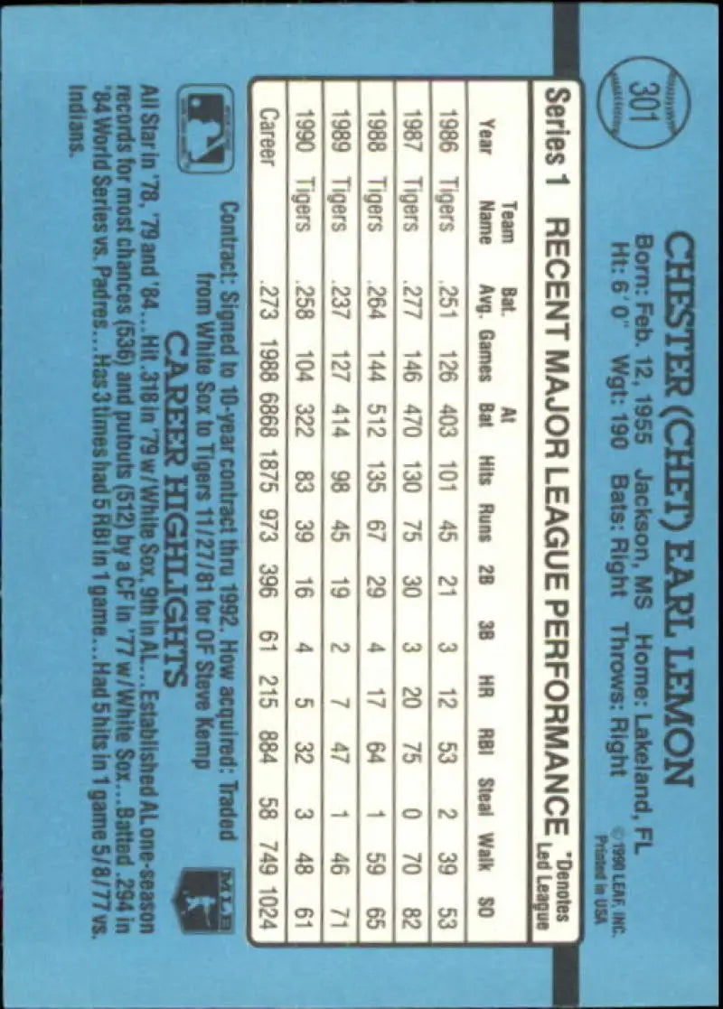 Light blue 1991 Donruss Chet Lemon baseball card with Detroit Tigers player stats