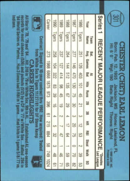 Light blue 1991 Donruss Chet Lemon baseball card with Detroit Tigers player stats