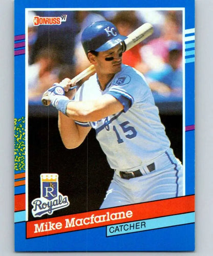 Baseball card of Mike Macfarlane, Kansas City Royals catcher at bat in white uniform