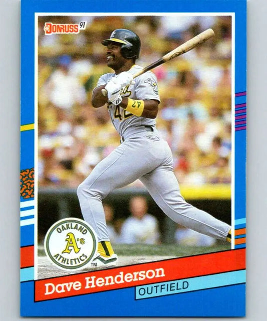 1991 Donruss baseball card featuring Dave Henderson of the Oakland Athletics mid-swing