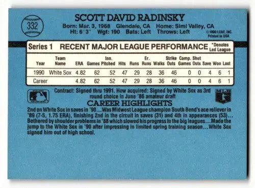 1991 Donruss #332 Scott Radinsky Chicago White Sox Baseball Cards EX ID:57653 - Baseball Cards