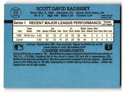 1991 Donruss #332 Scott Radinsky Chicago White Sox Baseball Cards EX ID:57653 - Baseball Cards