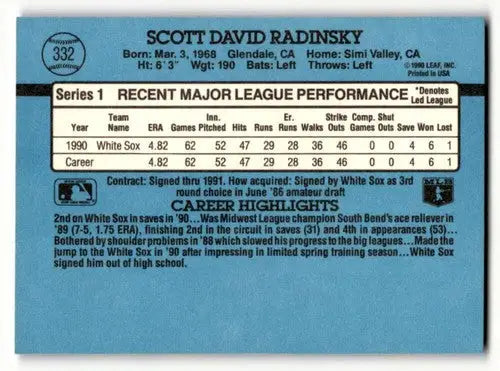 1991 Donruss #332 Scott Radinsky Chicago White Sox Baseball Cards EX ID:57661 - Baseball Cards
