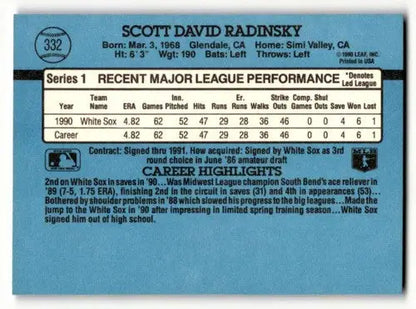 1991 Donruss #332 Scott Radinsky Chicago White Sox Baseball Cards EX ID:57661 - Baseball Cards