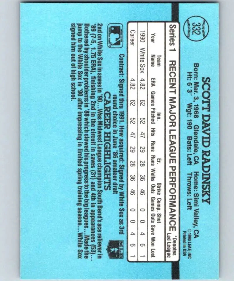 Blue performance scorecard for Scott Radinsky Chicago White Sox Baseball Card