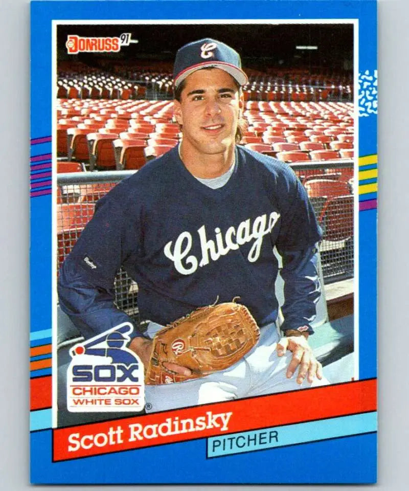 White Sox pitcher Scott Radinsky in navy uniform and glove on 1991 Donruss card