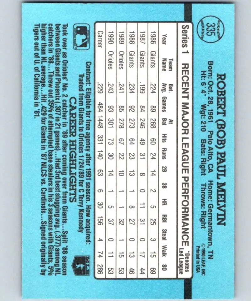 Blue performance statistics grid for 1991 Donruss Bob Melvin Baltimore Orioles baseball card