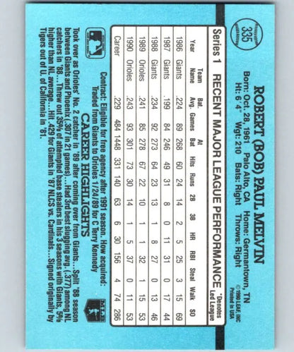 Blue performance statistics grid for 1991 Donruss Bob Melvin Baltimore Orioles baseball card