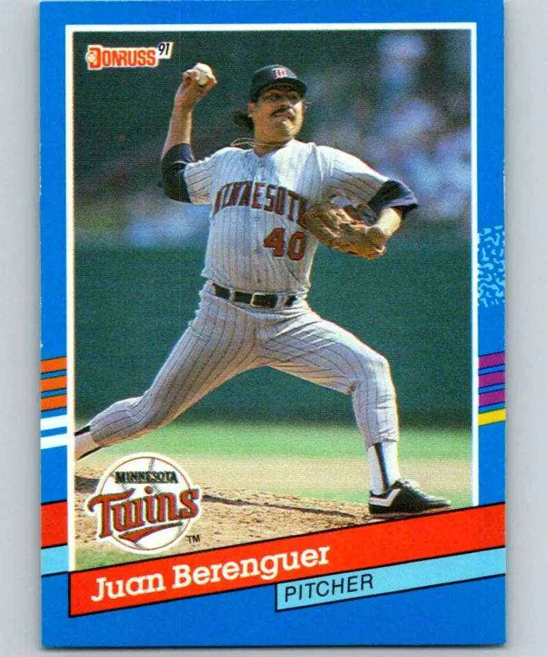 1991 Donruss baseball card of Juan Berenguer in mid-throw for Minnesota Twins