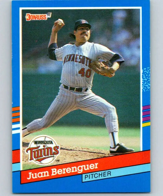 1991 Donruss baseball card of Juan Berenguer in mid-throw for Minnesota Twins