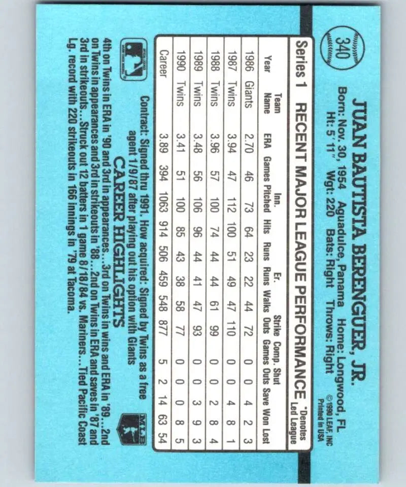 Baseball card statistics grid on light blue paper for Juan Berenguer, Minnesota Twins