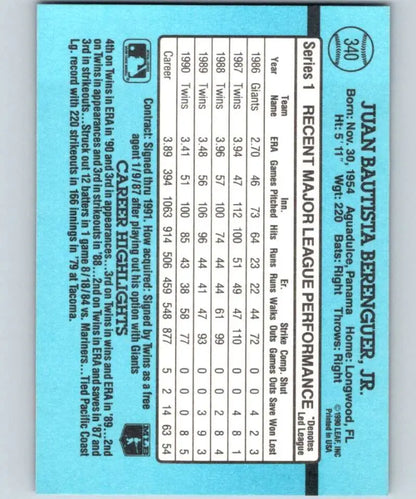 Baseball card statistics grid on light blue paper for Juan Berenguer, Minnesota Twins