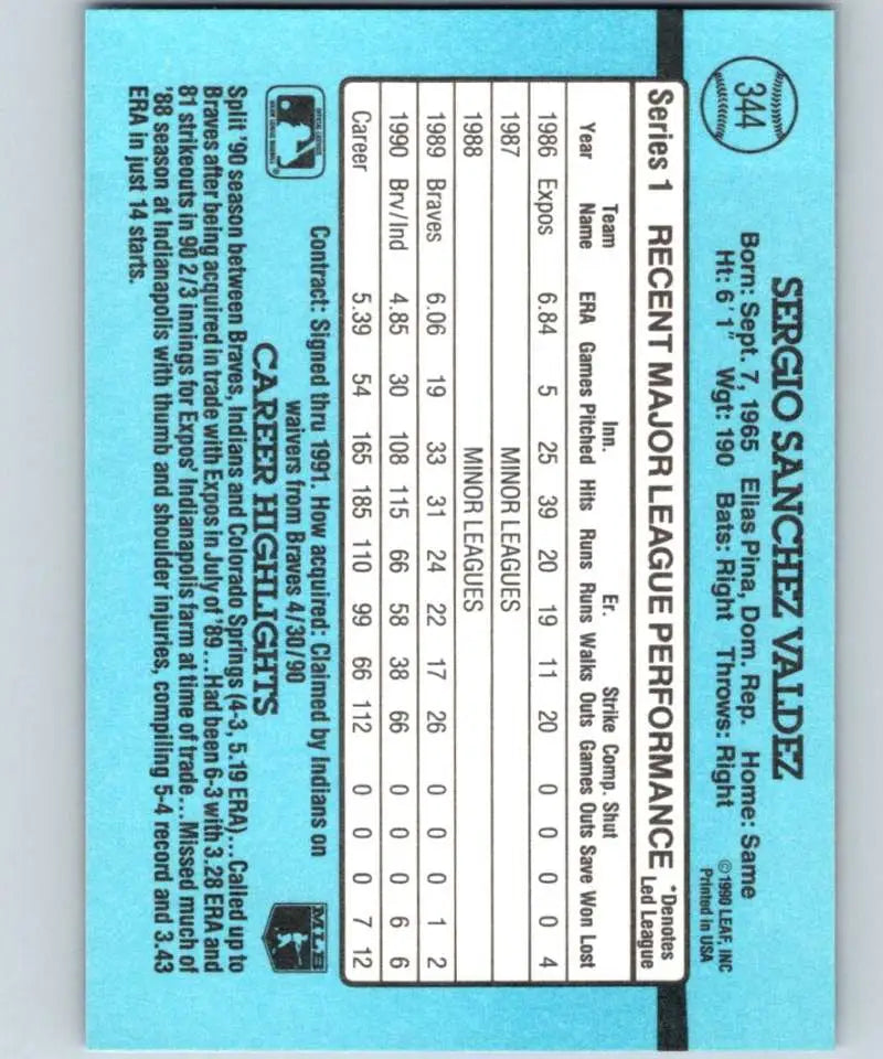 Light blue back of 1991 Donruss #344 Sergio Valdez Cleveland Indians baseball card