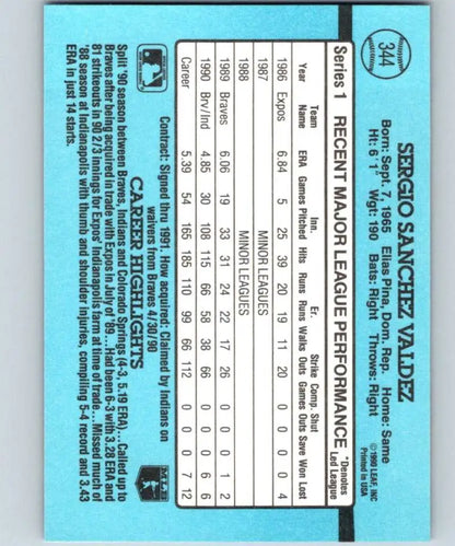 Light blue back of 1991 Donruss #344 Sergio Valdez Cleveland Indians baseball card