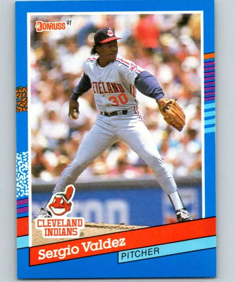 1991 Donruss #344 Sergio Valdez card featuring Cleveland Indians pitcher mid-delivery