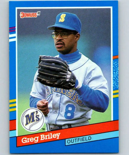 Baseball card of Greg Briley, Seattle Mariners outfielder in blue uniform