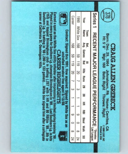 Blue medical record card with scales featured on 1991 Donruss Craig Grebeck White Sox Card
