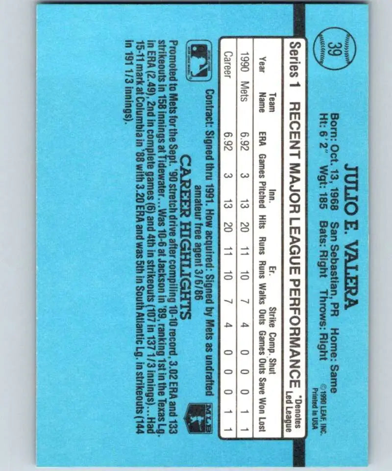 Light blue back of 1991 Donruss Julio Valera baseball card with stats for New York Mets