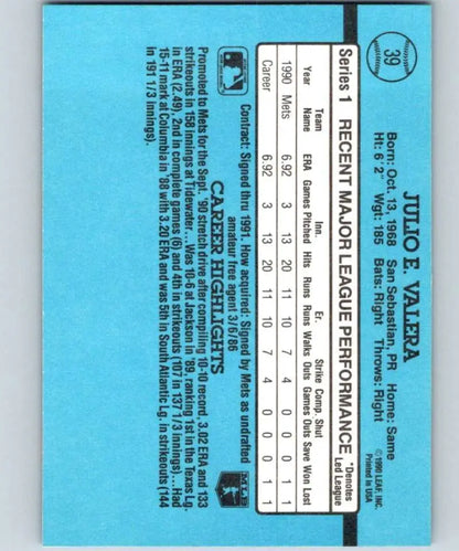 Light blue back of 1991 Donruss Julio Valera baseball card with stats for New York Mets