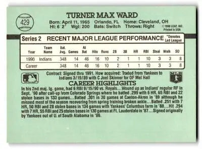 Back of 1991 Donruss #429b Turner Ward baseball card showcasing player stats