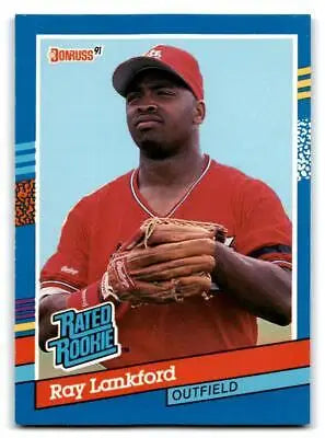 1991 Donruss #43b Ray Lankford baseball card showcasing the player’s stats and images