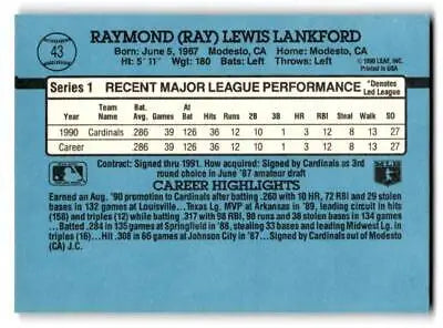 Back of 1991 Donruss #43b Ray Lankford baseball card displaying player stats