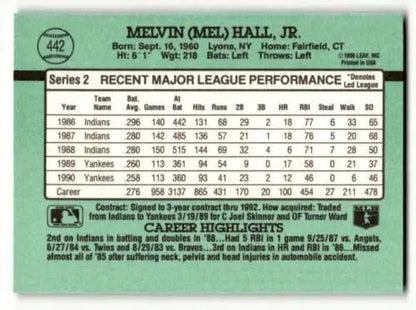1991 Donruss #442 Mel Hall New York Yankees baseball card with original gloss finish