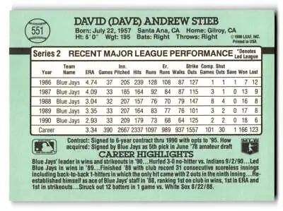 Back of 1991 Donruss #551b Dave Stieb baseball card displaying statistics and biography