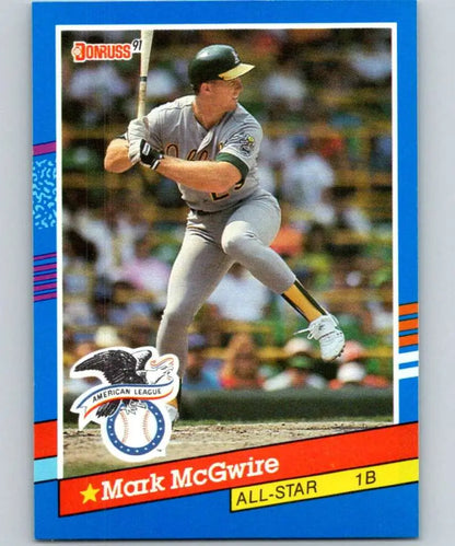 1991 Donruss Mark McGwire baseball card featuring Oakland Athletics player in gray uniform