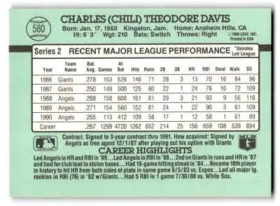 Back of the 1991 Donruss #580b Chili Davis baseball card for collectors