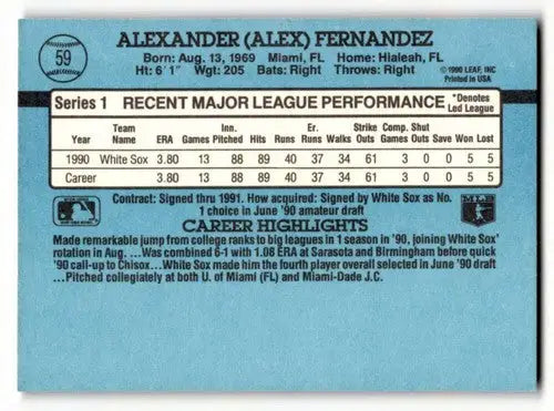 1991 Donruss #59 Alex Fernandez Chicago White Sox Baseball Cards EX/ ID:57654 - Baseball Cards