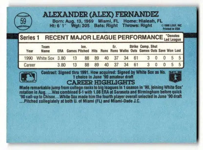 1991 Donruss #59 Alex Fernandez Chicago White Sox Baseball Cards EX/ ID:57654 - Baseball Cards